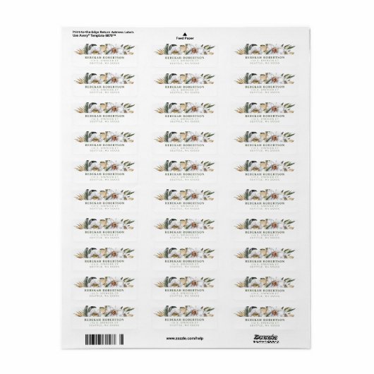 White Botanical Dahlia Return Address Labels (Full Sheet)