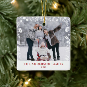 White Botanical Kerstfamilie fotobedekking Keramisch Ornament