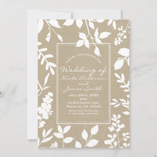 White Botanical Leaves Simple Rustic Wedding Kaart (Voorkant)