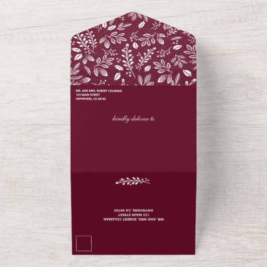 White Botanicals Burgundy No Envelopes Wedding All In One Uitnodiging (Buitenkant)