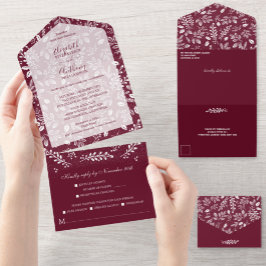 White Botanicals Burgundy No Envelopes Wedding All In One Uitnodiging