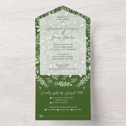 White Botanicals Green No Envelopes Wedding All In One Uitnodiging (Binnen)
