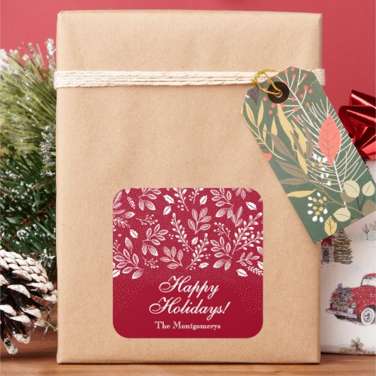 White Botanicals on Cranberry Happy Holidays Vierkante Sticker (Feestdagen)