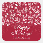 White Botanicals on Cranberry Happy Holidays Vierkante Sticker (Voorkant)