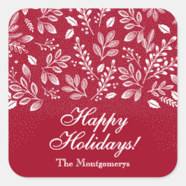 White Botanicals on Cranberry Happy Holidays Vierkante Sticker