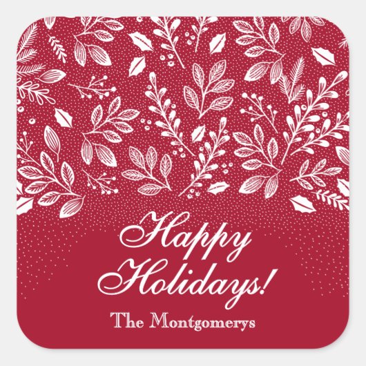 White Botanicals on Cranberry Happy Holidays Vierkante Sticker (Voorkant)