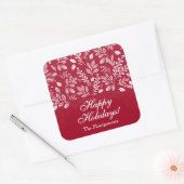White Botanicals on Cranberry Happy Holidays Vierkante Sticker (Envelop)