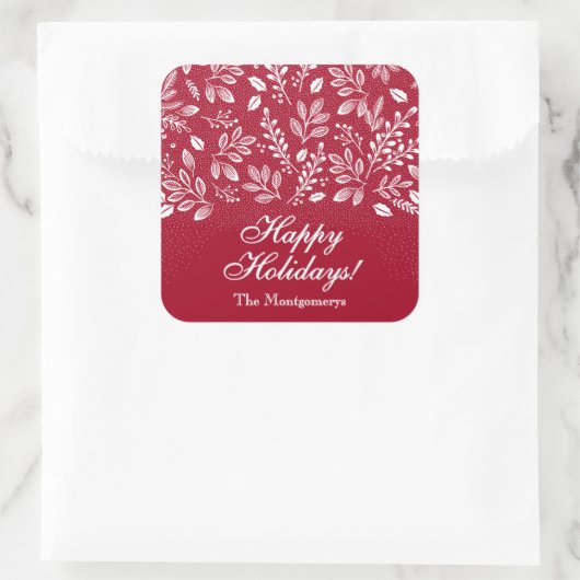 White Botanicals on Cranberry Happy Holidays Vierkante Sticker (Tas)