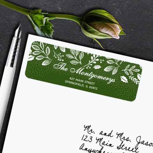 White Botanicals on Green Return Address Etiket