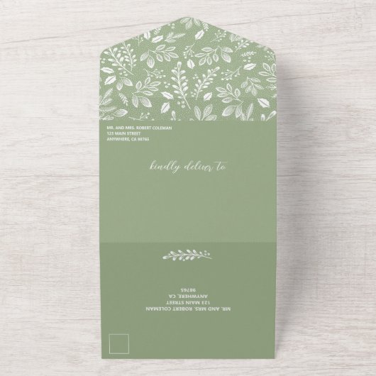White Botanicals Sage Green No Envelopes Wedding All In One Uitnodiging (Buitenkant)