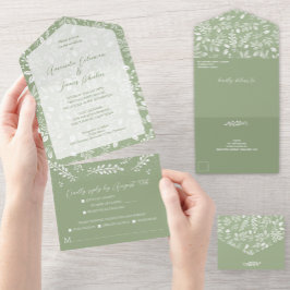 White Botanicals Sage Green No Envelopes Wedding All In One Uitnodiging
