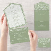 White Botanicals Sage Green No Envelopes Wedding All In One Uitnodiging