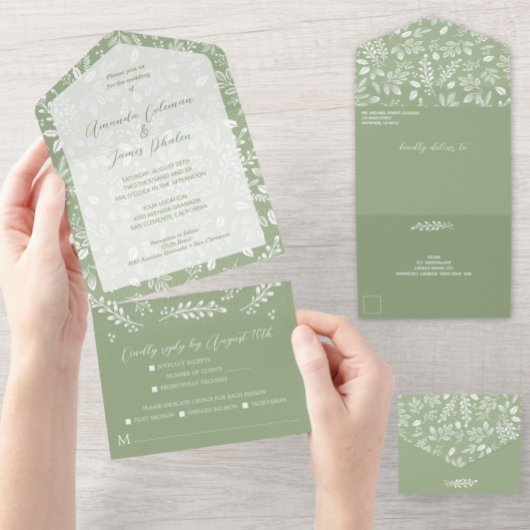 White Botanicals Sage Green No Envelopes Wedding All In One Uitnodiging