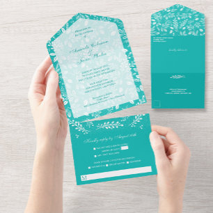 White botanicals Turquoise No Envelopes Wedding All In One Uitnodiging