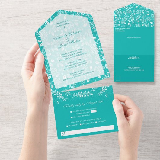 White botanicals Turquoise No Envelopes Wedding All In One Uitnodiging