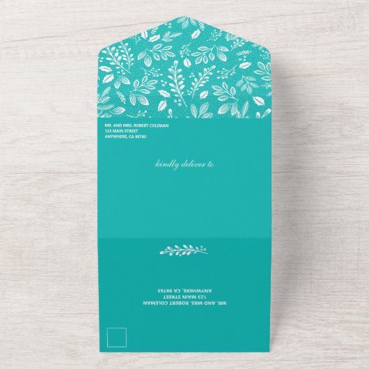 White botanicals Turquoise No Envelopes Wedding All In One Uitnodiging (Buitenkant)