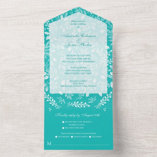 White botanicals Turquoise No Envelopes Wedding All In One Uitnodiging (Binnen)