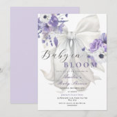White Bow Baby in Bloom Baby shower Paarse Bloemen Kaart (Voorkant / Achterkant)