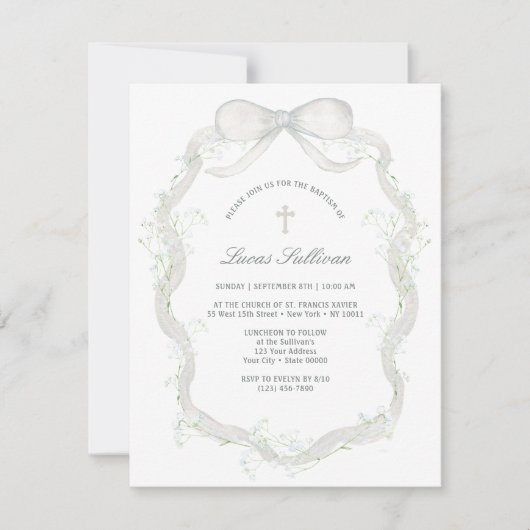 White Bow Baby's Breath Doop Kaart (Voorkant)