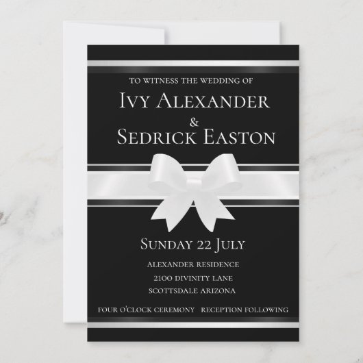 White bow & Black Classic II Wedding Invitation Kaart (Achterkant)