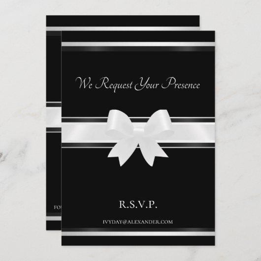 White bow & Black Classic II Wedding Invitation Kaart (Voorkant / Achterkant)