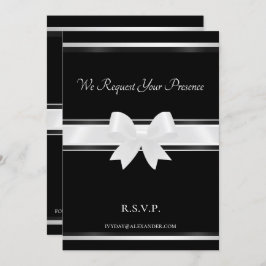 White bow & Black Classic II Wedding Invitation Kaart