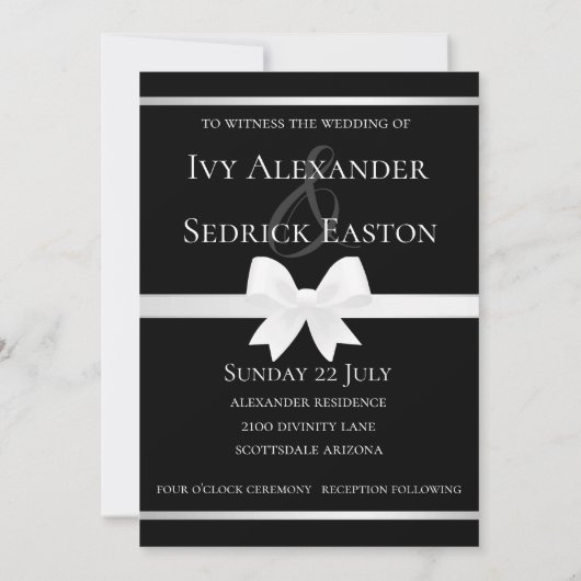White Bow & Black Classic Wedding Invitation Kaart (Achterkant)