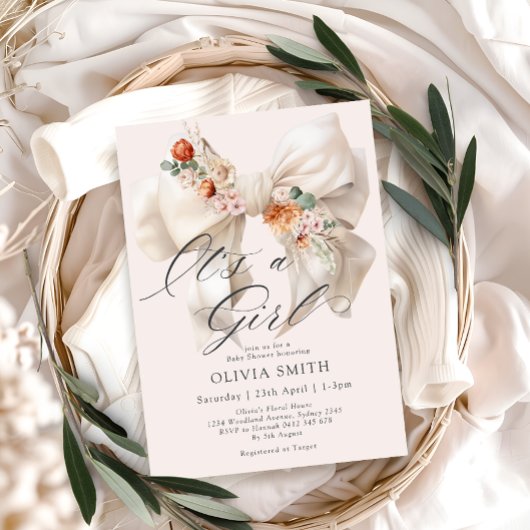 White Bow is een meisje bloemenBaby shower Kaart