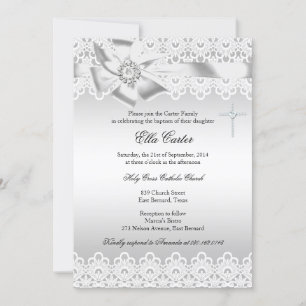 White bow & Lace Cross Baptism Uitnodiging