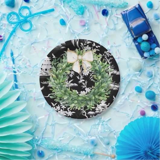 White Bow Monogram Chinoiserie Preppy Papieren Bordje (Feest)