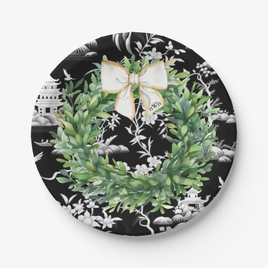 White Bow Monogram Chinoiserie Preppy Papieren Bordje (Voorkant)