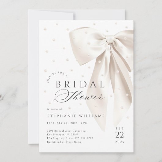 White Bow Parels Bruids Douche Uitnodiging (Voorkant)