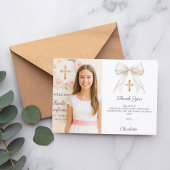 White bow photo pearls girl Confirmation Bedankkaart