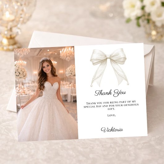 White bow photo pearls girl Quinceanera Bedankkaart