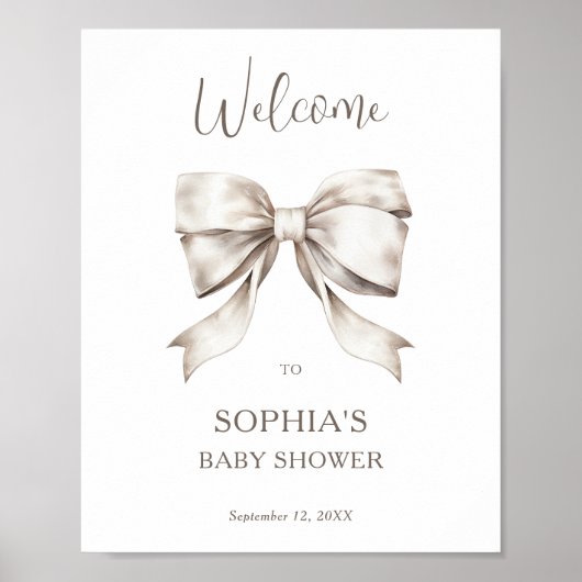 White Bow Ribbon  Baby shower Welkom Poster (Voorkant)
