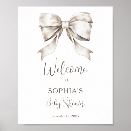 White Bow Ribbon  Baby shower Welkom Poster (Voorkant)