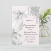 White Bow Silver Glitter Drips Quinceañera Kaart (Staand voorkant)