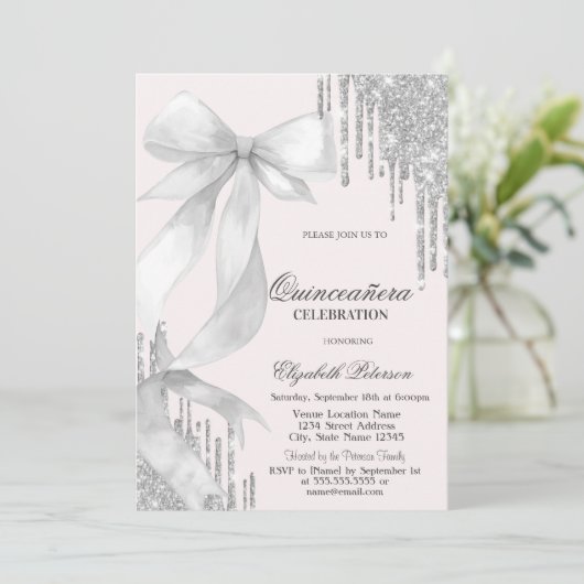 White Bow Silver Glitter Drips Quinceañera Kaart (Staand voorkant)