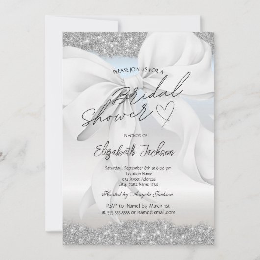White Bow Silver Sparkle Glitter Bridal Shower  Kaart (Voorkant)