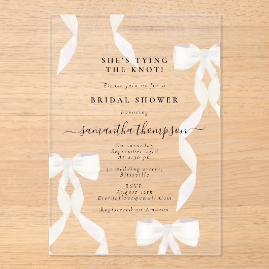 White Bow Ze bindt de knoop Vrijgezellenfeest Part Acryl Uitnodigingen (Voorkant)