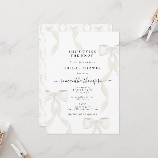 White Bow Ze bindt de knoop Vrijgezellenfeest Part Kaart (Voorkant / Achterkant in situ)