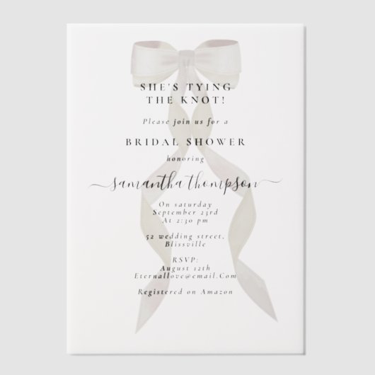 White Bow Ze bindt de knoop Vrijgezellenfeest Part Vellum Uitnodigingen (Voorkant)