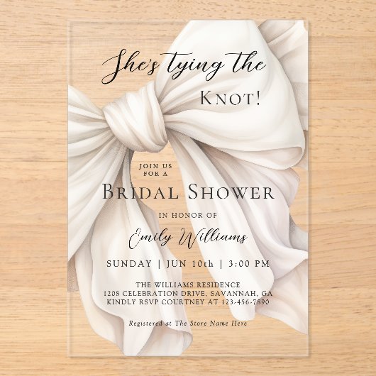 White Bow Ze bindt het knoop Vrijgezellenfeest Acryl Uitnodigingen (Voorkant)