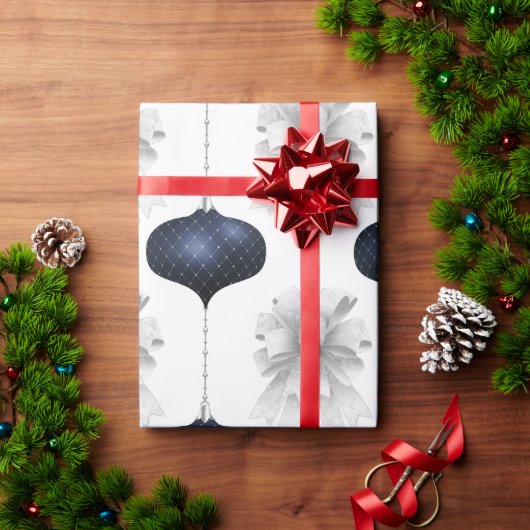 White Bows Blue Ornamenten Vakantie Cadeaupapier (Feestdagen Geschenken)