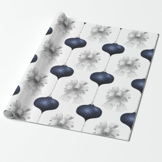 White Bows Blue Ornamenten Vakantie Cadeaupapier (Uitgerold)