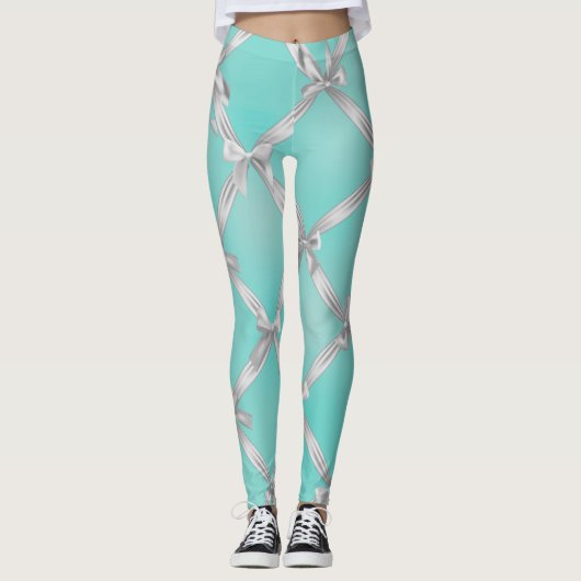 White Bows Turquoise Robin's Egg Blue Leggings (Voorkant)