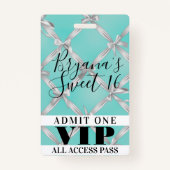 White bows Turquoise Sweet 16 Party VIP Pass Badge (Voorkant)