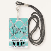 White bows Turquoise Sweet 16 Party VIP Pass Badge (Achterkant met draagriem)