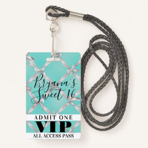 White bows Turquoise Sweet 16 Party VIP Pass Badge