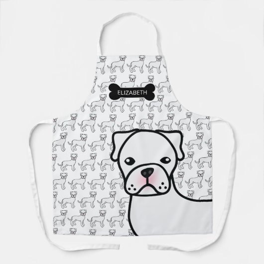 White Boxer Cute Cartoon Dog & Name Schort (Voorkant)